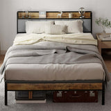 Full Bed Frame, Lofka Full Size Bed Frame with Storage Headboard Light Gray