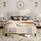 Full Size Bed Frame with Upholstered Wing Back Headboard, Bed Frame with Noise Isolation, Beige Finish