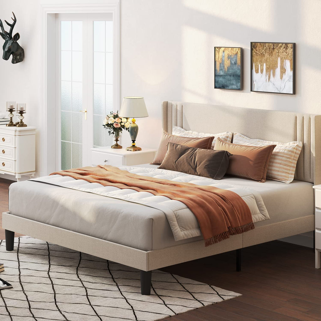 LOFKA Queen Size Bed Metal Frame and Wood Slats Platform Bed with Upholstered Headboard and No Noise, Beige