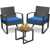 Lofka 3-Piece Patio Wicker Chairs Set with Glass Coffee Table, Outdoor Balcony Furniture Set with Blue Cushion