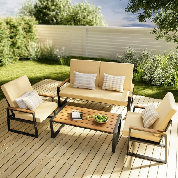 Lofka Patio Furniture Set with Chairs and One Wood Table for Patio, Garden,Yard, Indoor and Outdoor, Beige