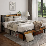 Lofka Queen Bed Frame with Upholstered Storage Headboard, Metal Bed Frame Hold 1000lbs, Light Gray