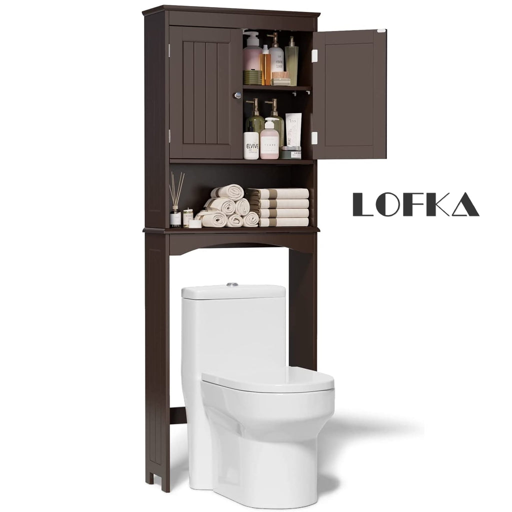 Over the Toilet Storage, Bathroom Storage Cabinet with Adjustable Shelf, Double Doors, and Open Shelf, Black