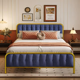 Queen Bed Frame with Headboard, Modern Upholstered Metal Platform Bed, Blue Finish