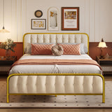 Queen Bed Frame with Upholstered Headboard, Sturdy Metal Platform Bed Frame, Beige Finish
