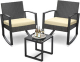 3 Piece Patio Bistro Set, Outdoor Furniture Rocking Chair Set with Glass Table, Beige Cushion