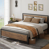 Industrial Queen Bed Frame With 11" Under Bed Storage Space and Wooden Headboard - Retro