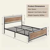 Industrial Queen Bed Frame With 11" Under Bed Storage Space and Wooden Headboard - Retro